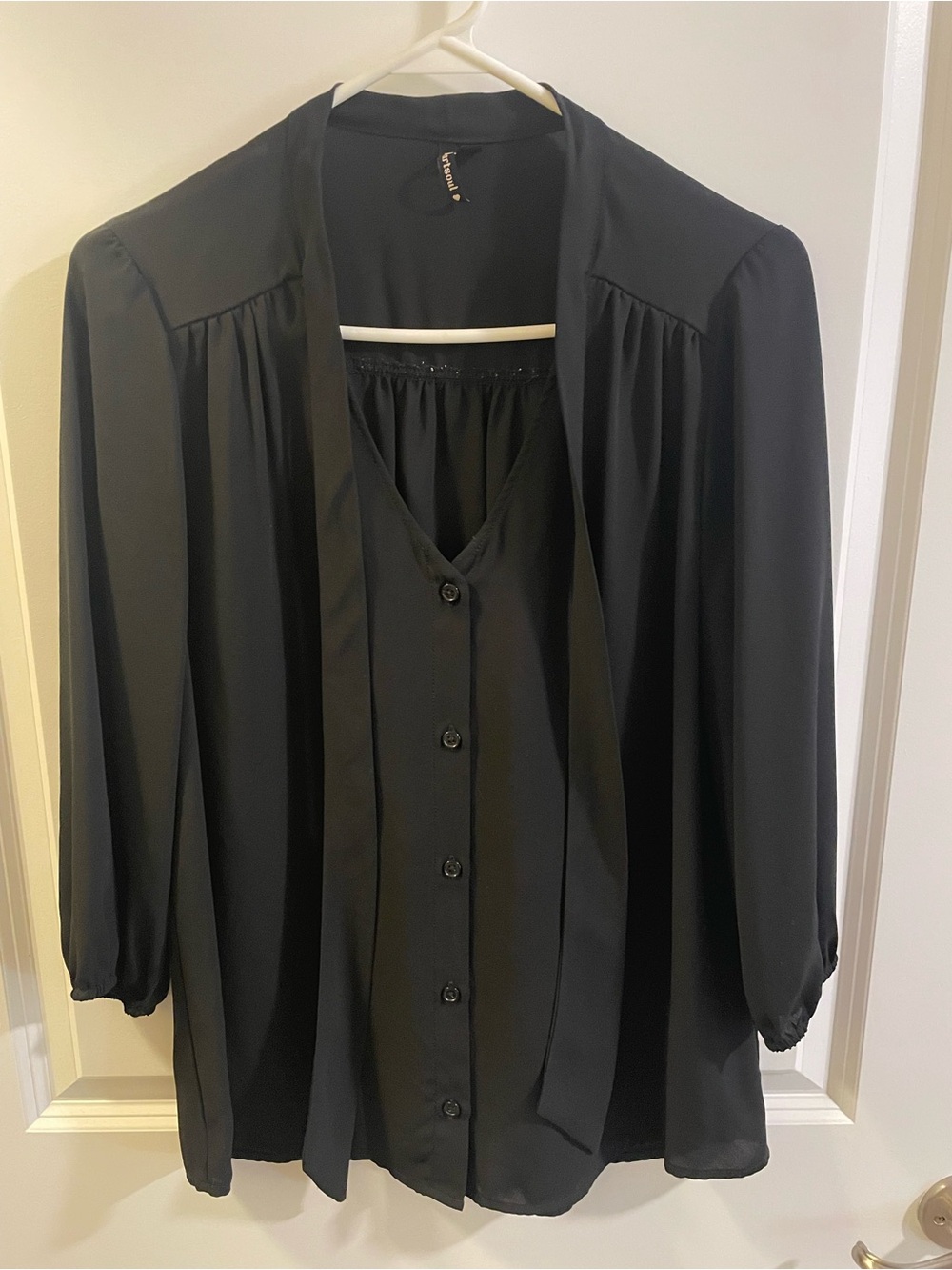 HeartSoul Black Button-Front Blouse with Neck Tie